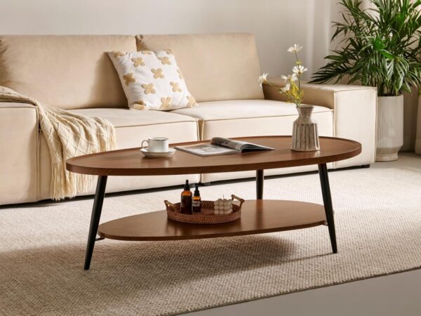 Modern Coffee Table for Living Room, Mid-Century Oval Wood Coffee Table, Double Layer Center Table for Small Space, D47xW23.6xH15, Espresso 1