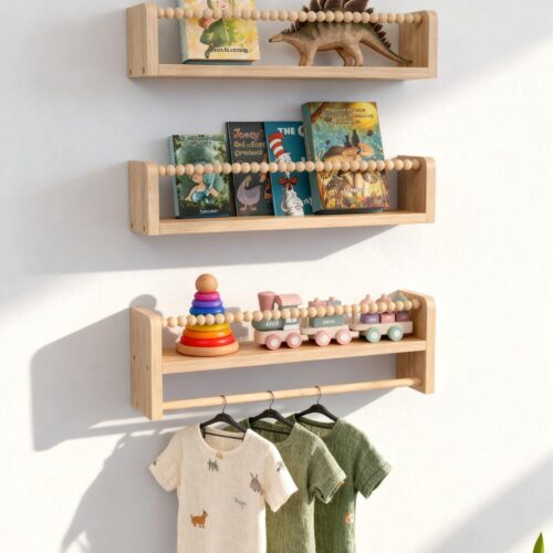 Nursery Floating Shelves for Wall, Set of 3 Wood Baby Floating Book Shelf, Wall Mounted Organizer Shelves with Towel Bar, Nursery Wall Decor Furniture for Kids Rooms, Bedroom, Toddler Room