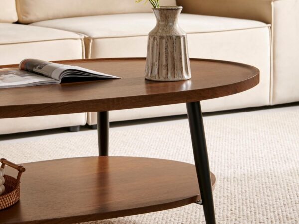 Modern Coffee Table for Living Room, Mid-Century Oval Wood Coffee Table, Double Layer Center Table for Small Space, D47xW23.6xH15, Espresso 3