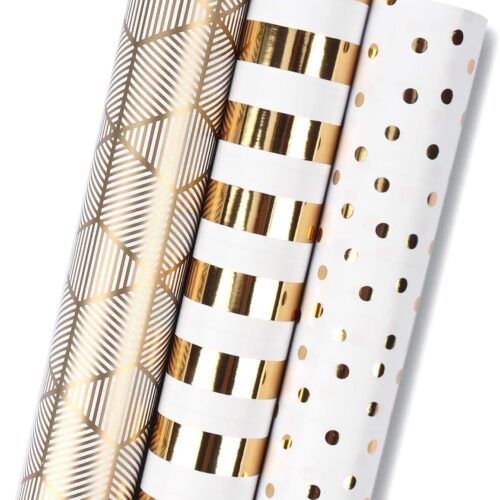 Birthday Wrapping Paper Roll - Mini Roll - 17 inch x 120 inch Per roll - White & Gold Foil Design (42.3 sq.ft.ttl)