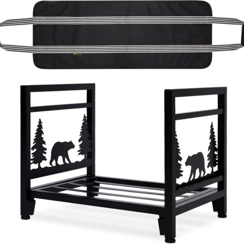 Firewood Carrier with Log Bag Indoor/Outdoor Wood Storage Rack - Heavy Duty Steel Stove Bracket