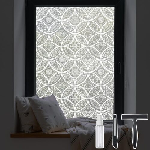 Bohemian Decor Stained Glass Window Film with Installation Tools, Two-Way Window Privacy Film, Reduce Glare, Pure White, 17.7 x 78.7 Inch