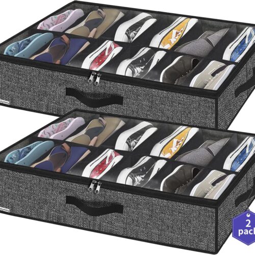 Sturdy Under Bed Shoe Storage Organizer, Set of 2, Fit 12 to 24 Pairs, Underbed Shoes Closet Storage Solution with Clear Window, Breathable, L29.3 x W23.6 x H5.9, Linen-like Black, MXAUBSB2P