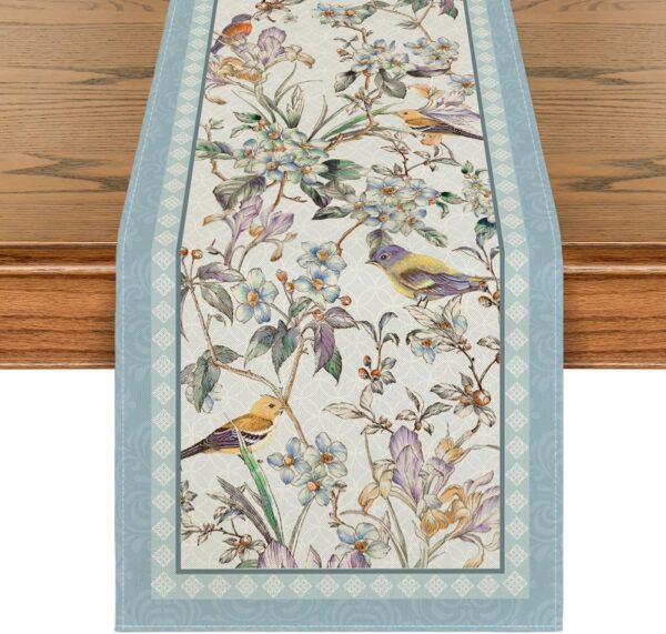 Blue Birds Flowers Blossom Table Runner, Seasonal Spring Floral Kitchen Dining Table Decoration for Home Party Decor 13x72 Inch 1