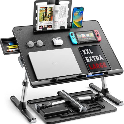 Laptop Bed Tray Desk, SAIJI X-Large Adjustable Laptop Table, Foldable Laptop Desk with Storage Drawer and Bookstand for Eating, Working, Writing, Gaming, Drawing (Black)