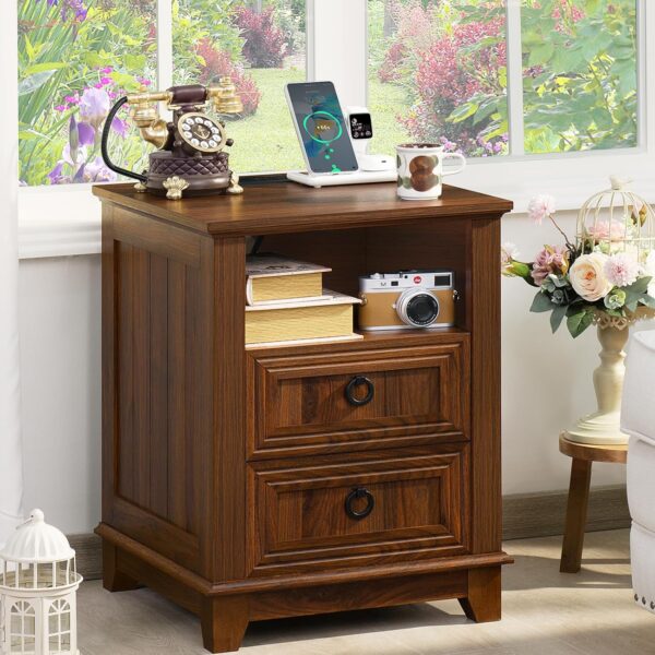 18" Farmhouse Night Stand with Charging Station, 2 Drawers End Table Dresser for Bedroom, Brown Wooden Nightstand, Bed Side Table with Open Shelf, Bedside Cabinet for Living Room, Closet 1