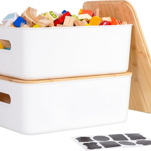 2 PCS Storage Bins with Bamboo Lids Plastic Storage Containers for Organizing Stackable Storage Box with Handle, 15.12 x 10.67 x 5.98 inch