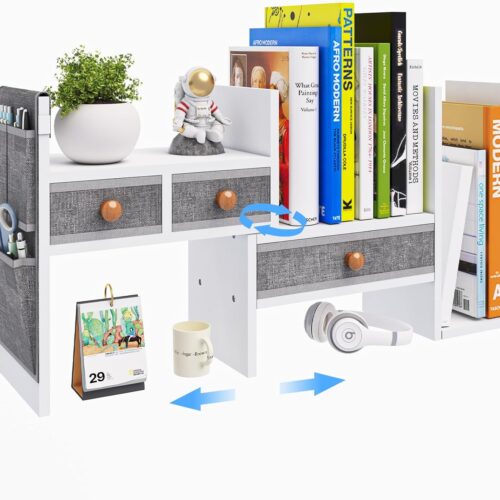 White Wood Adjustable Desk Shelf with 3 Drawers – Desktop Organizer