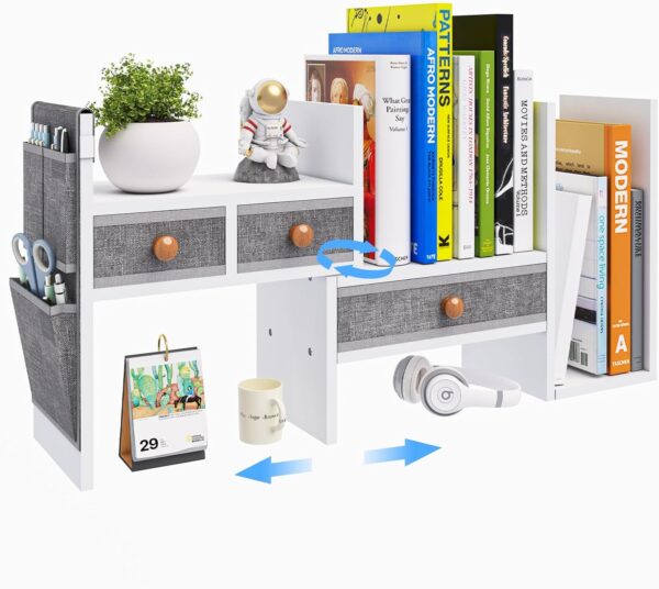White Wood Adjustable Desk Shelf with 3 Drawers – Desktop Organizer 1