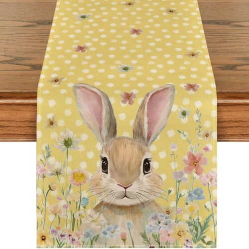 Artoid Bunny Easter Table Runner – Yellow, Floral Polka Dot, 13x72 in