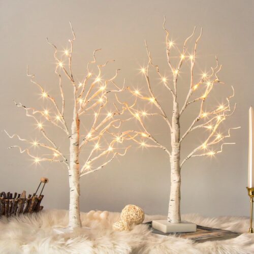 White Birch LED Tabletop Trees – 2 FT, 24 LED, Indoor Christmas Decor