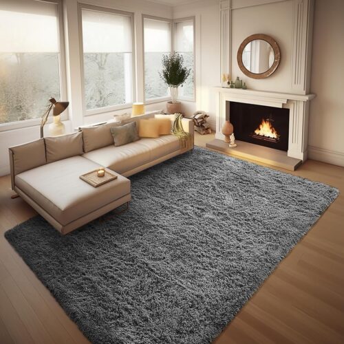 8x10 Area Rugs for Living Room, Upgrade Non-Slip Fluffy Soft Large Shag Bedroom Carpet, Grey Big Indoor Thick Nursery Rug, Gray Carpets for Boy and Girls Room Dorm Home Decor Aesthetic