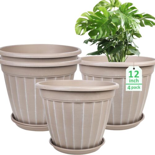 12-Inch Beige Plant Pots – 4 Pack, Drainage Hole & Saucer, Tall Planters