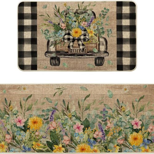 Truck Flowers Kitchen Mats, Set of 2, Low Profile Summer Floor Rugs