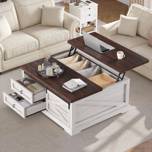 Lift Top Coffee Table, White, Storage Compartment & 2 Drawers, 39.4"