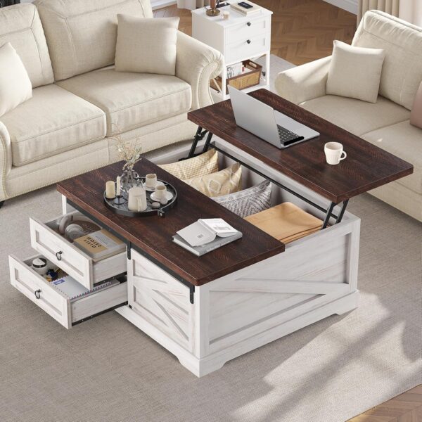 Lift Top Coffee Table, White, Storage Compartment & 2 Drawers, 39.4" 1