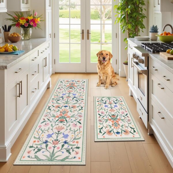 Kitchen Mat Set, Stain Resistant, Non Slip, Beige Floral, 2 Piece 1