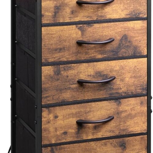 LED Nightstand with Charging Station, Fabric, Rustic Brown, 5 Drawers