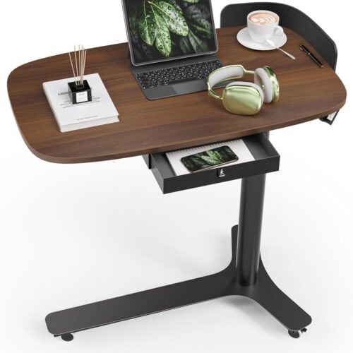 Height Adjustable Mobile Standing Desk with 360° Swivel Casters, 28"-43" Pneumatic Rolling Desk with Storage Drawer, Perfect for Home Office, Bedroom, Living Room, Dark Walnut