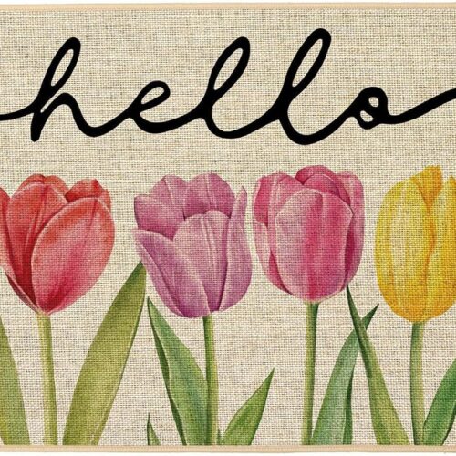 Spring Floral Tulips Doormat Outdoor Outside Doormat Door Mat Low-Profile Non-Slip Rubber Backing Welcome Entrance Front Floor Seasonal Holiday Indoor Decoration 17x29 Inch