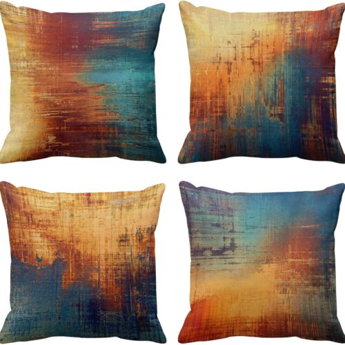 Set of 4 Throw Pillow Covers Vintage Abstract Blue and Orange Messy Rust Painting Decorative Pillow Cases Home Decor Standard Square 18x18 Inches Pillowcases