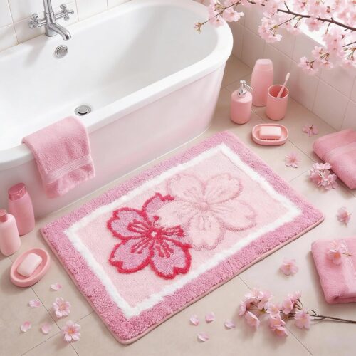 Cherry Blossom Bath Mat Pink Flower Tufted Bathroom Rug Non Slip Soft Absorbent Tufted Cute Cherry Blossom Bathroom Accessories Decor for Bedroom Kitchen Floor Tub Shower Sink, 24 x 18 Inches