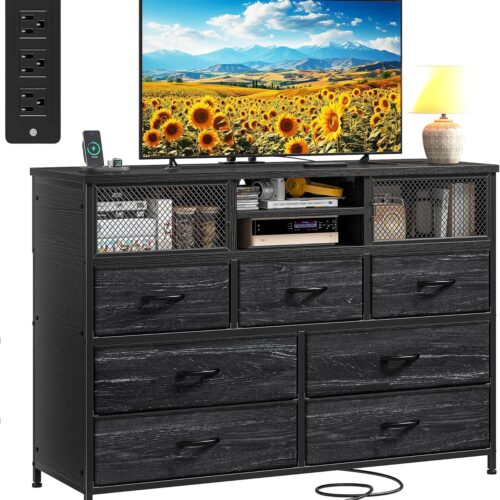 Black Dresser TV Stand for 50" TV with Charging Station, Sturdy Dresser for Bedroom with 7 Deep Fabric Drawers & Mesh Door, Chest of Drawers for Living Room,Dorm,Wood Top, 39.4" W x 11.8" D x 33.9" H