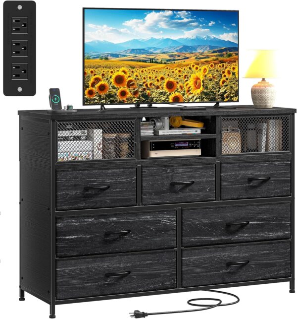 Black Dresser TV Stand for 50" TV with Charging Station, Sturdy Dresser for Bedroom with 7 Deep Fabric Drawers & Mesh Door, Chest of Drawers for Living Room,Dorm,Wood Top, 39.4" W x 11.8" D x 33.9" H 1
