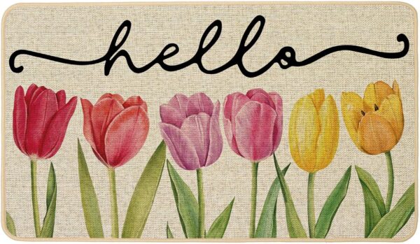 Spring Floral Tulips Doormat Outdoor Outside Doormat Door Mat Low-Profile Non-Slip Rubber Backing Welcome Entrance Front Floor Seasonal Holiday Indoor Decoration 17x29 Inch 1