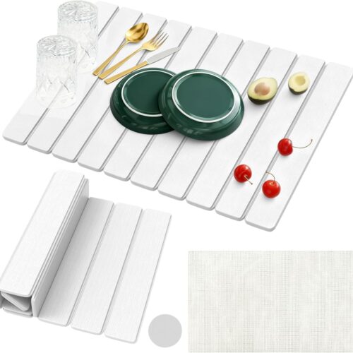 Large Stone Dish Drying Mats for Kitchen Counter, 24x16 Quick Dry Absorbent Drying Matt Kitchen Counter, Diatomaceous Earth Dish Drying Mat, Collapsible Dish Mat Dish Pads for Drying, Peal White