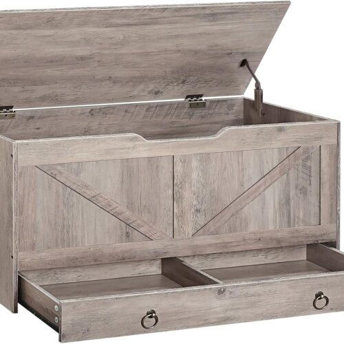Storage Chest, 39.3" Toy Chest with Drawer, Wooden Storage Bench, Sturdy Entryway Bench Supports 220 lb, Safety Hinge, U-Shaped Opening, Easy Assembly, Greige BG710CW01G1
