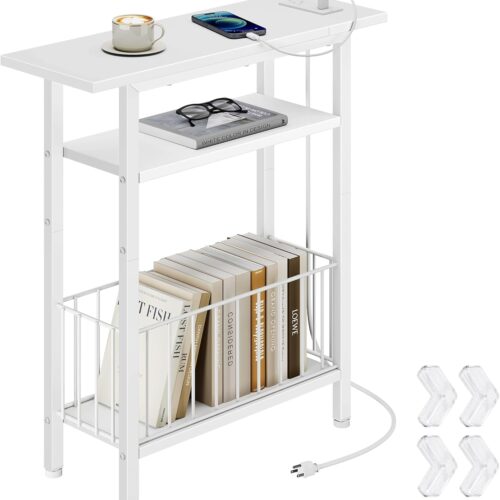 Narrow Side Table with Charging Station, Skinny Side End Table for Couch, 3-Tier Small End Tables for Small Spaces, 25.2" Tall Slim Nightstand Bedside Table for Living Room, Bedroom, White
