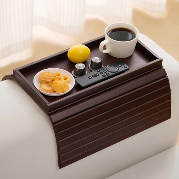 Bamboo Couch Arm Tray Table,Foldable Sofa Armrest Tray Table for Couch,Flexible and Anti-Slip Couch Arm Cup Holder,Portable Sofa Arm Chair Table for Drink,Cups, Eats,Snacks, Phone, Remote 1