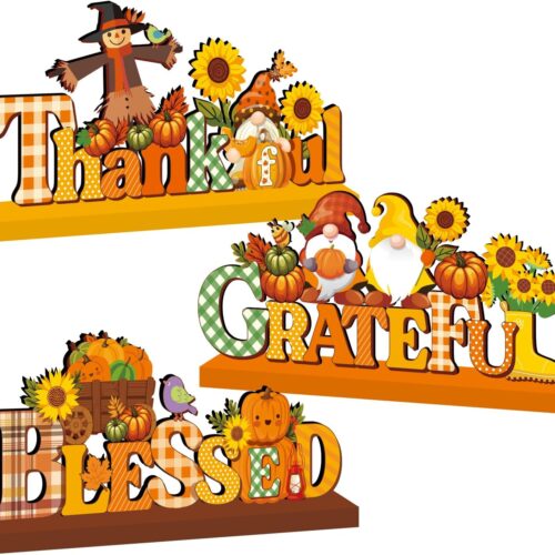 Thanksgiving Table Decorations for Home Wood Table Centerpieces, 3pcs Grateful Thankful Blessed Thanksgiving Centerpieces for Tables Pumpkin Sunflower Style Autumn Thanksgiving Tabletopper