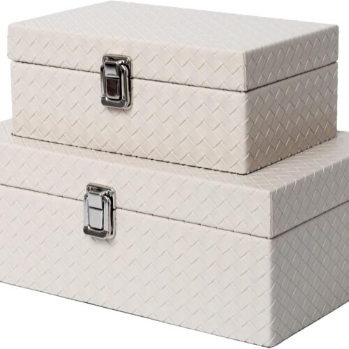 Faux Leather Decorative Jewelry Storage Organizer Boxes Set of 2, Apricot White