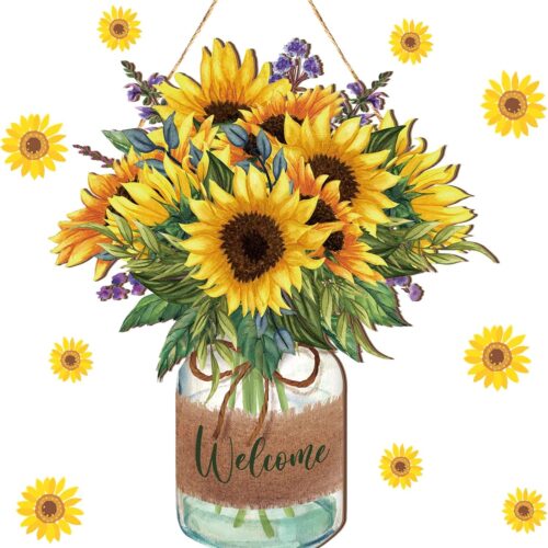 Sunflower Welcome Door Sign Summer Wooden Wreaths for Front Door Decoration Wood Hanging Farmhouse Fall Wall Porch Art Home Kitchen Bedroom Living Room Indoor Outdoor Ornaments