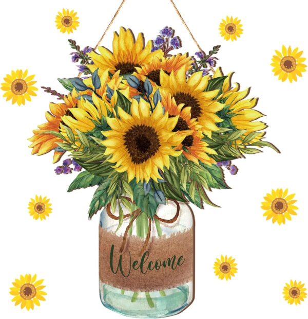Sunflower Welcome Door Sign Summer Wooden Wreaths for Front Door Decoration Wood Hanging Farmhouse Fall Wall Porch Art Home Kitchen Bedroom Living Room Indoor Outdoor Ornaments 1