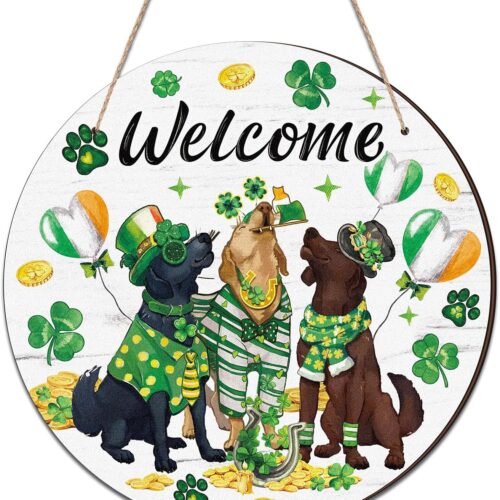 St Patrick's Day Dogs Door Wreath Decorations Wooden Shamrock Welcome Hanging Signs 11.8 x 11.8 Inch Irish Clover Green Decor for Front Porch Wall Rustic Farmhouse