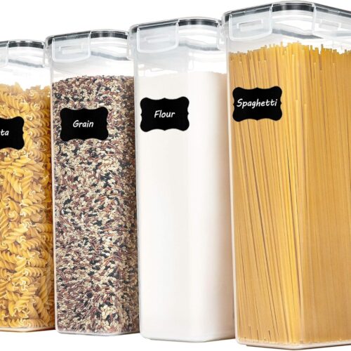 Airtight Food Storage Containers with Lids, 4 PCS 2.8L Pasta Containers for Pantry Organization and Storage, BPA Free Kitchen Canisters for Spaghetti, Flour, Sugar and Noodles, Black