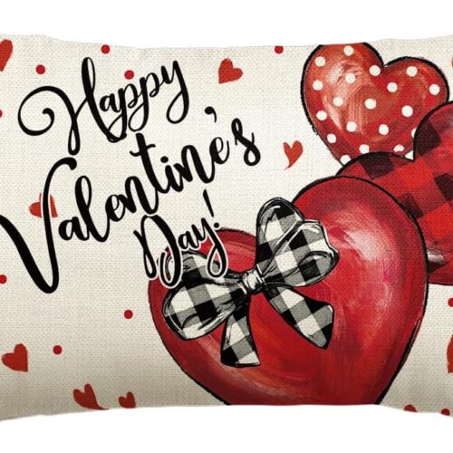 Happy Valentine's Day Red Love Heart Throw Pillow Cover, 12 x 20 Inch Bowknot Buffalo Plaid Polka Dot Anniversary Wedding Cushion Case Decoration for Sofa Couch