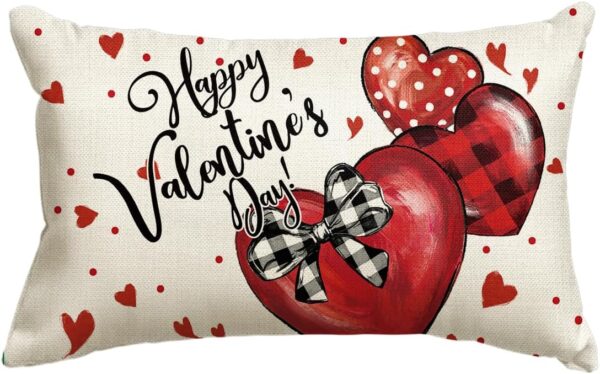 Happy Valentine's Day Red Love Heart Throw Pillow Cover, 12 x 20 Inch Bowknot Buffalo Plaid Polka Dot Anniversary Wedding Cushion Case Decoration for Sofa Couch 1