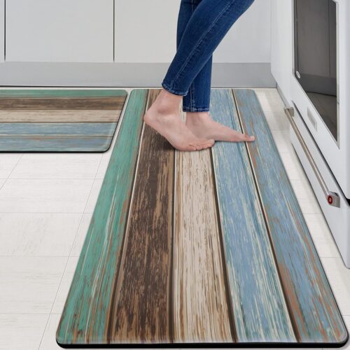 Kitchen Rugs and Mats Set of 2 Teal Farmhouse Anti Fatigue Mat PVC Non Slip Retro Rustic Wood Texture Kitchen Mats for Floor,17.3 x 29 x 0.4 inch + 17.3 x 47 x 0.4 inch