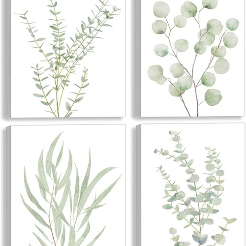 Botanical Plant Canvas Wall Art, Framed Boho Wall Decor for Bathroom, Minimalist Aesthetic Bedroom Wall Art, Sage Green Eucalyptus Leaf Prints for Office, Set of 4PCS, 8”X10”