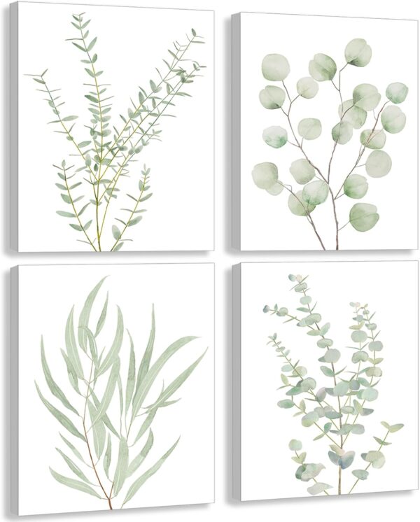 Botanical Plant Canvas Wall Art, Framed Boho Wall Decor for Bathroom, Minimalist Aesthetic Bedroom Wall Art, Sage Green Eucalyptus Leaf Prints for Office, Set of 4PCS, 8”X10” 1