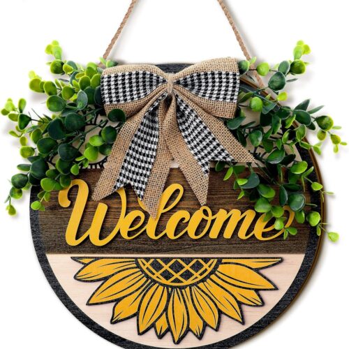 3D Sunflower Door Sign Fall Welcome Wreaths for Front Door Decoration with Buffalo Bow 12 Inch Wood Hanging