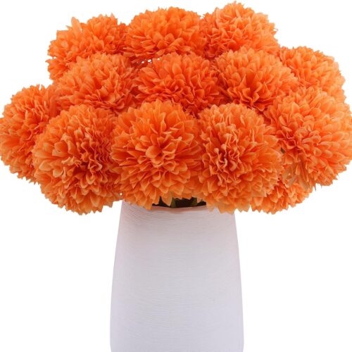 12 Pcs Artificial Chrysanthemums Fall Flowers Silk Orange Marigolds Flowers Fake Mums Flower for Autumn Dia de Los Muertos Diwali Day of The Dead Home Decor (12, Orange)