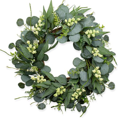 22 Inch Artificial Green Eucalyptus Wreath All Season Wreaths for Front Door with White Berries Spring Summer Fall Winter Decor