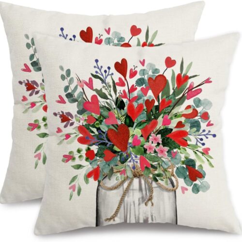 Valentines Day Pillow Covers 16X16 Set of 2,Vase Heart Floral Decor