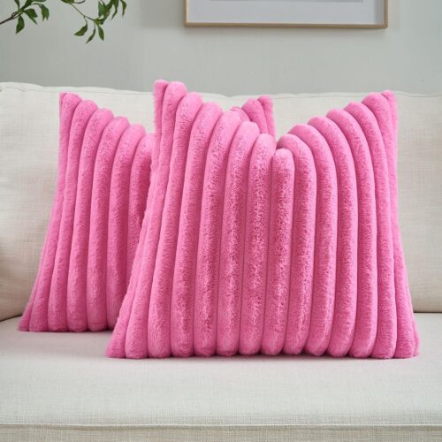 Valentine's Day Hot Pink Throw Pillow Covers Set of 2, 18x18 Inch Soft Faux Rabbit Fur Striped Texture Cushion Cases