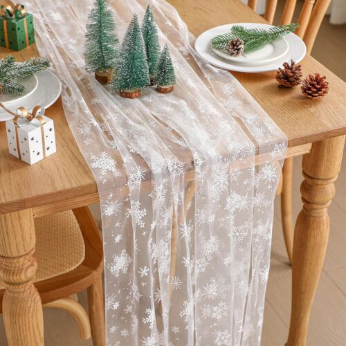White Snowflake Christmas Tulle Table Runner 118'' x 29.5'' Christmas Gauze Table Runner Seasonal Sheer Xmas Winter Holiday Decor for Birthday Festival Party Kitchen Wedding Bridal Shower